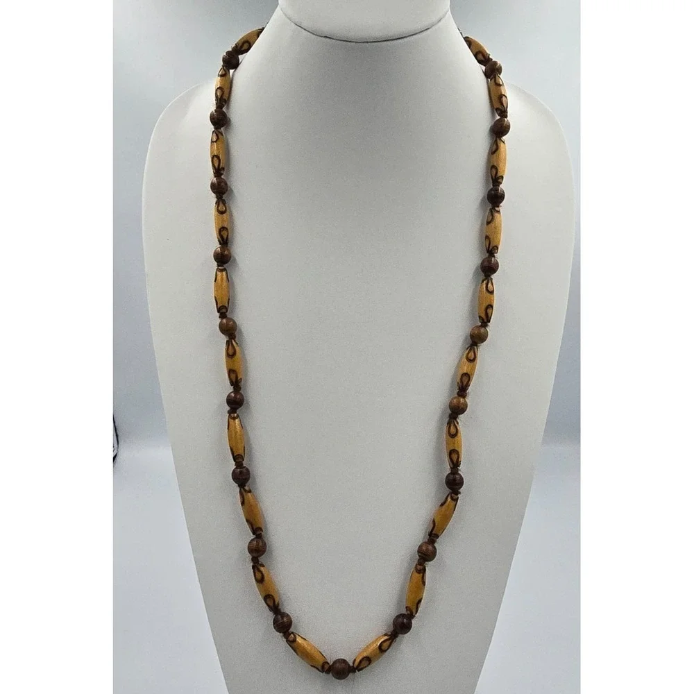 Vintage 90s Brown Wood Chunky Bead Necklace Earthy Statement Fashion Jewelry